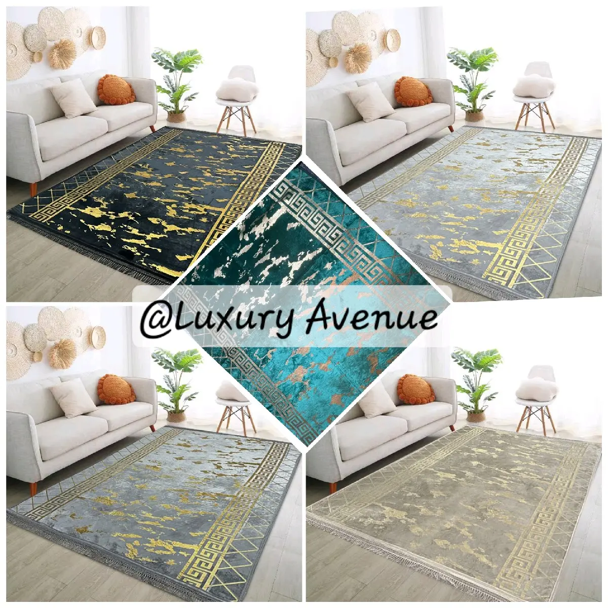 Greek Style Metalic Marble Effect Rug gold stamp 160x230cm - Soft Furnishings