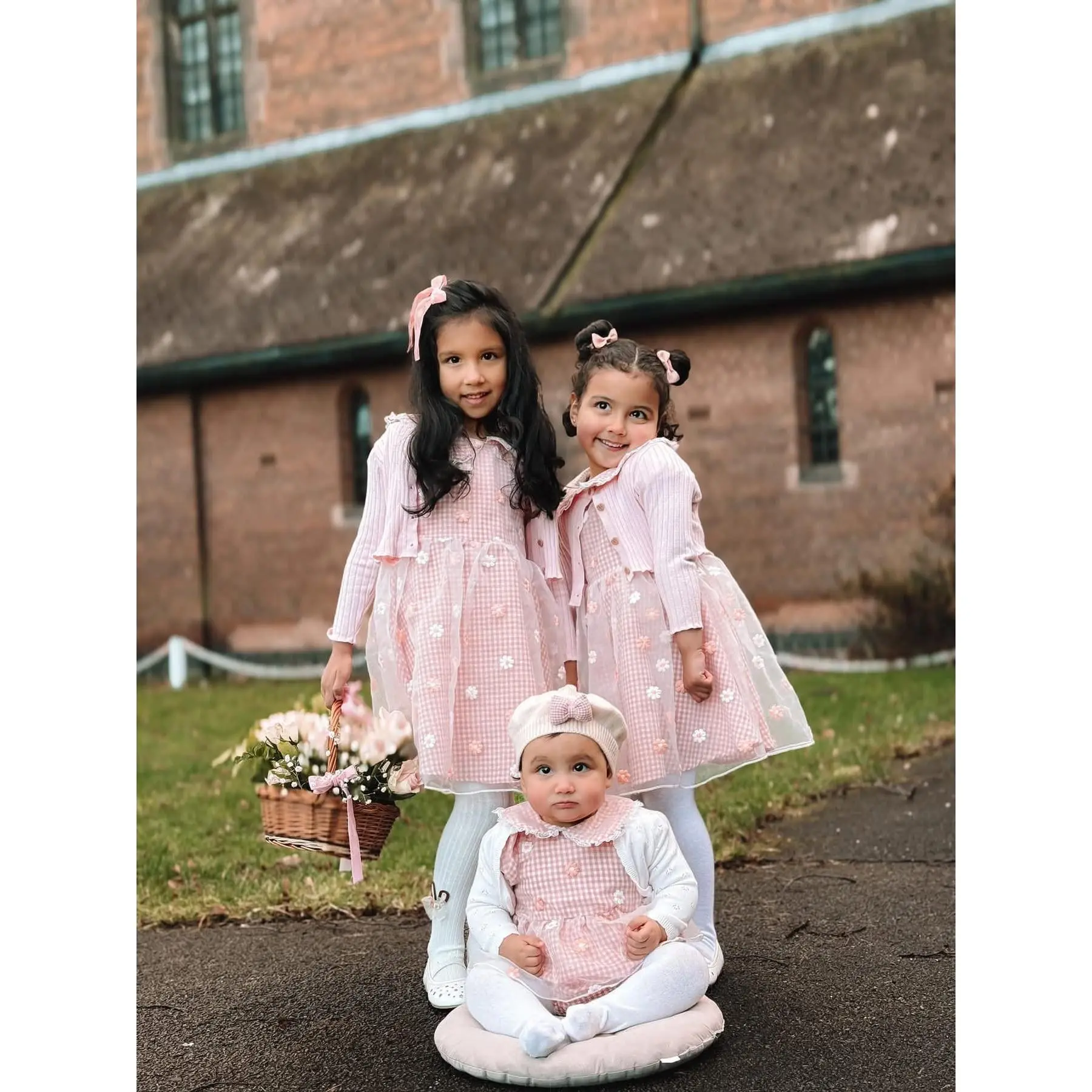 Peach gingham daisy lace dress