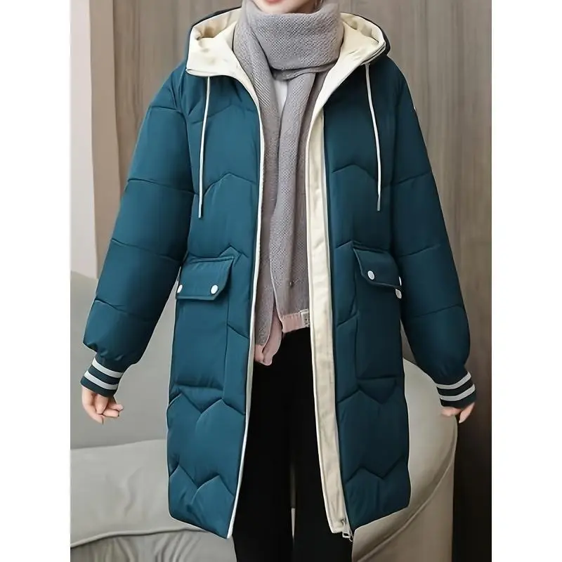 Cozy Thermal Puffy Coat - Cotton-padded Jacket with Drawstring Hoodie, Long Sleeve, Flap Pockets, and Zip-up Design for Fall and Winter - Women's Casual Outerwear for Chilly Days 0