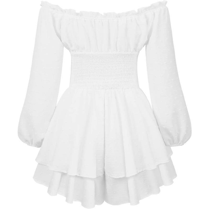 Women Puff Sleeve Ruffle Romper Dress Off Shoulder Long Sleeve Flowy Layered Fairy Pirate Short Jumpsuit Playsuits 4