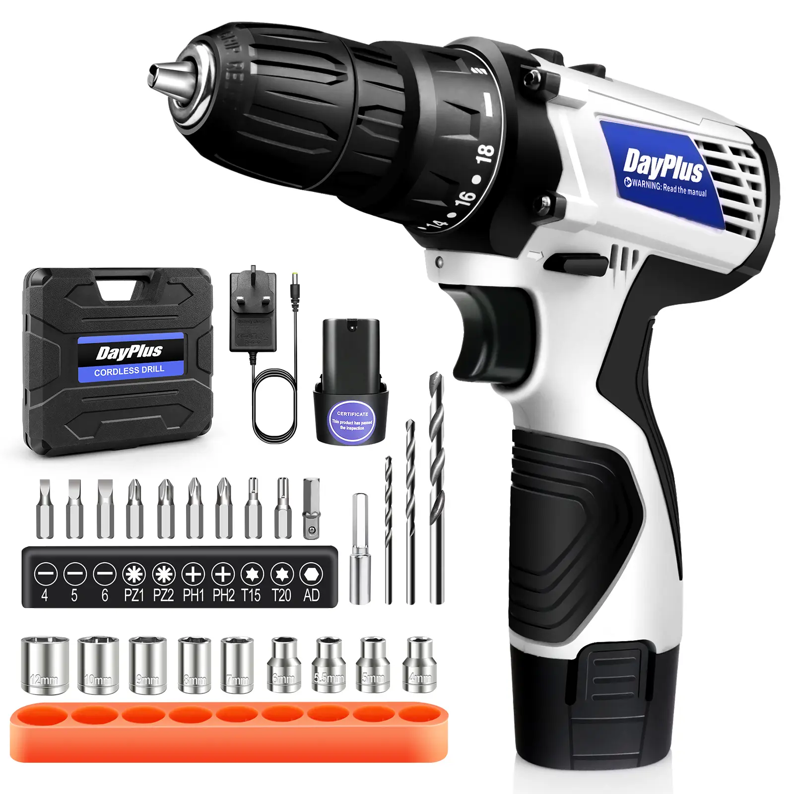 DayPlus Cordless Drill Driver Kit with 1500mAh Battery, 12V Electric Screwdriver Driver Max Torque 45 N.m, 3/8 Inch Keyless Chuck, LED Light, 18+1 Position, Dual Speed, with Accessories