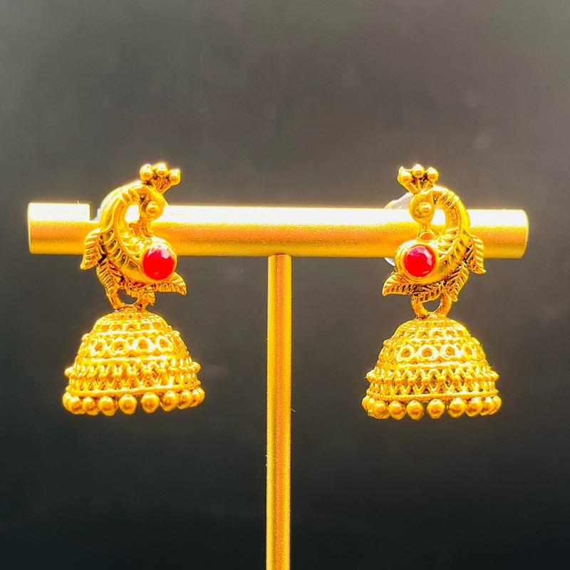 Traditional Gold-Plated Imitation Jhumka Earrings with Ruby Stone (Small) 2