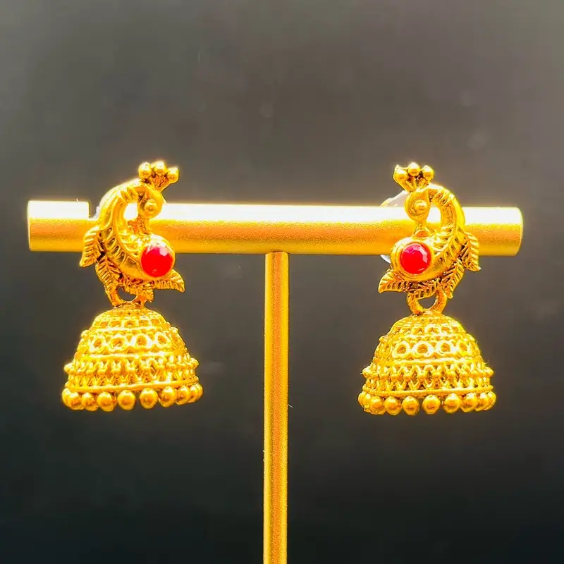 Traditional Gold-Plated Imitation Jhumka Earrings with Ruby Stone (Small) 1