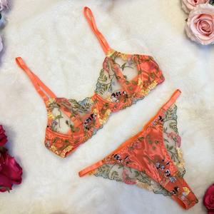 LILIOSA LINGERIE LIVE SPRING AMAZONILE ORANGE DELICATE Playful FLORAL 2 LINGERIE PIECE SET [BRA & PANTS] Everyday Comfortable Womenswear, Chic Girly Style Panty, Sexy Romantic Playful Lingerie, Comfy Mesh Sheer Fabric Fit Love Multicolor