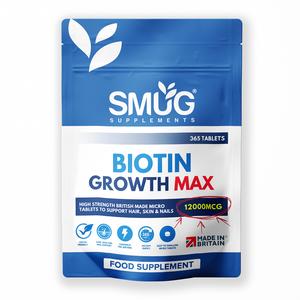 Biotin Hair Growth MAX 12000 mcg British Made by SMUG Supplements - 365 Micro Tablets - One Year Supply - Vegan Hair, Nail and Skin Vitamin Support - Suitable for Men and Women