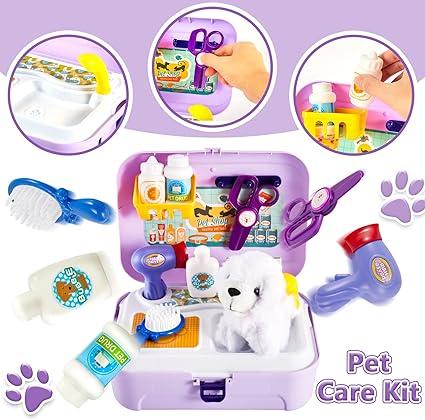 Kids Vet Kit Dog Grooming Toy Pet Care Role Play Games Animal Dolls Pretend Play Pet Carrier Set Toys 3 4 5 Year Old Girls Boys Children Gifts 3