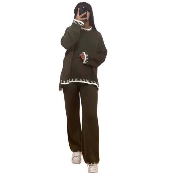 Ladies Knitted Stitched Wide Leg 2PCS Co-ord Suit Sweater Loungewear Set Casual Womenswear Overalls Comfort Long Sleeve Basic Clothing Minimalist 8