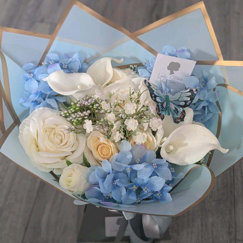 Blue Silk Flowers Handtied Bouquet Gift 4
