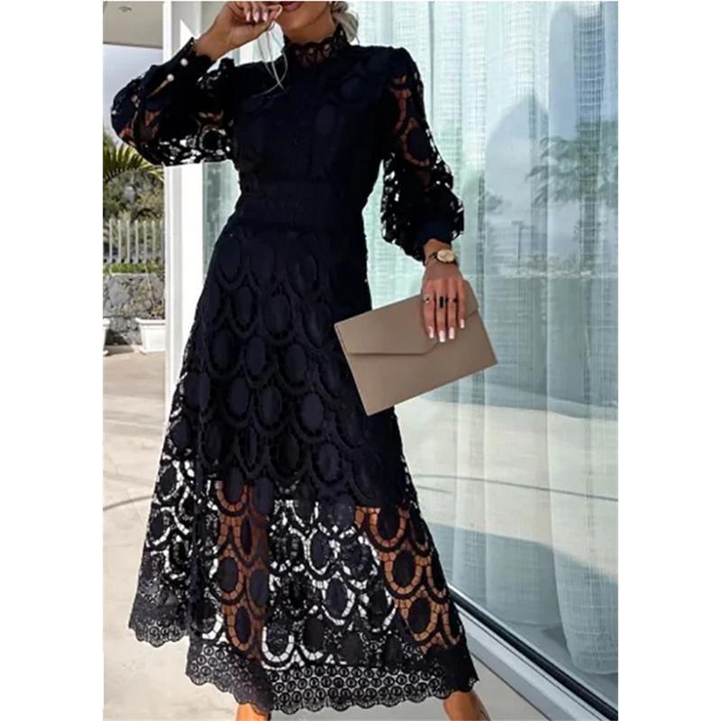 Lady Elegant New Lace Dress Stand Collar Lantern Long Sleeve Slim Vestidos Waist Temperament Fashion Office Commute Leisure Home 8