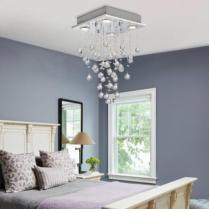 Modern Crystal Raindrop Chandelier, Flush Mount LED Ceiling Light for Dining Room, Bathroom, Bedroom, or Living Room, 4 GU10 LED Bulbs Required, Width 35cm, Height 50cm [Energy Class A+++] 5