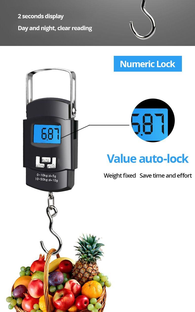 Product Introduction of 1pc Black 50kg Portable Electronic Portable Luggage Scale LCD Digital Display Screen Express Delivery Scale Hook Mini Scale 20