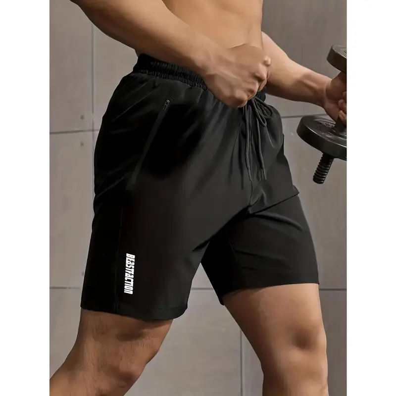 Active Elastic Waist Shorts - Men's Solid Drawstring Shorts With Zipper Pockets For Summer Outdoor Fitness 8