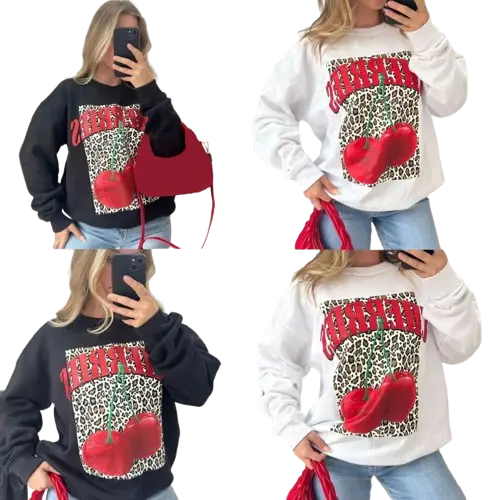 Ladies CHERRIES Slogan Cherry Leopard Print Pullover Baggy Sweatshirt Jumper 8-22 Womenswear Hoodie Sweaters  Women Long Sleeve Crewneck Tops 0