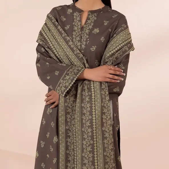 Original Sapphire 3pc tailor stitched lawn outfit: brown printed lawn shirt, cambric trouser and voile dupatta 1