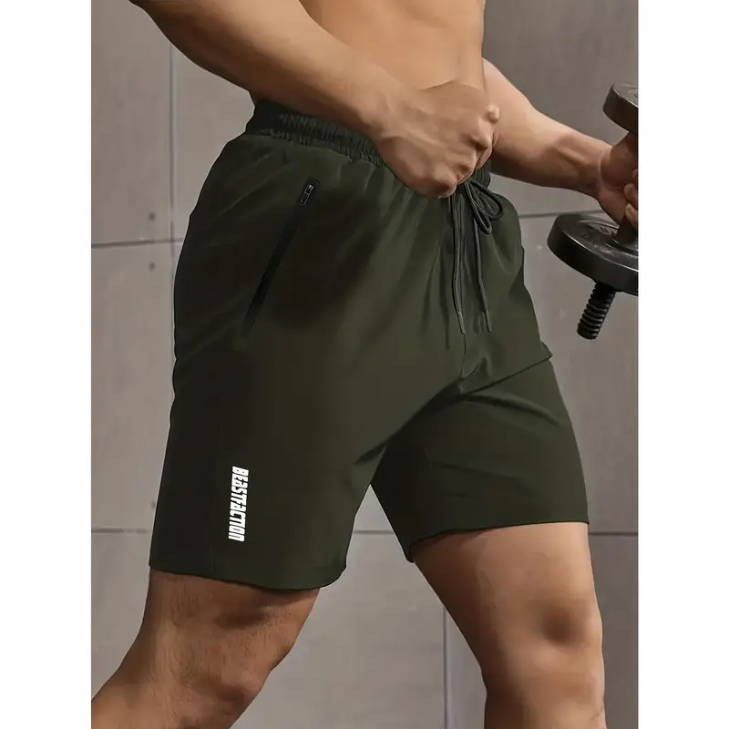 Active Elastic Waist Shorts - Men's Solid Drawstring Shorts With Zipper Pockets For Summer Outdoor Fitness 6