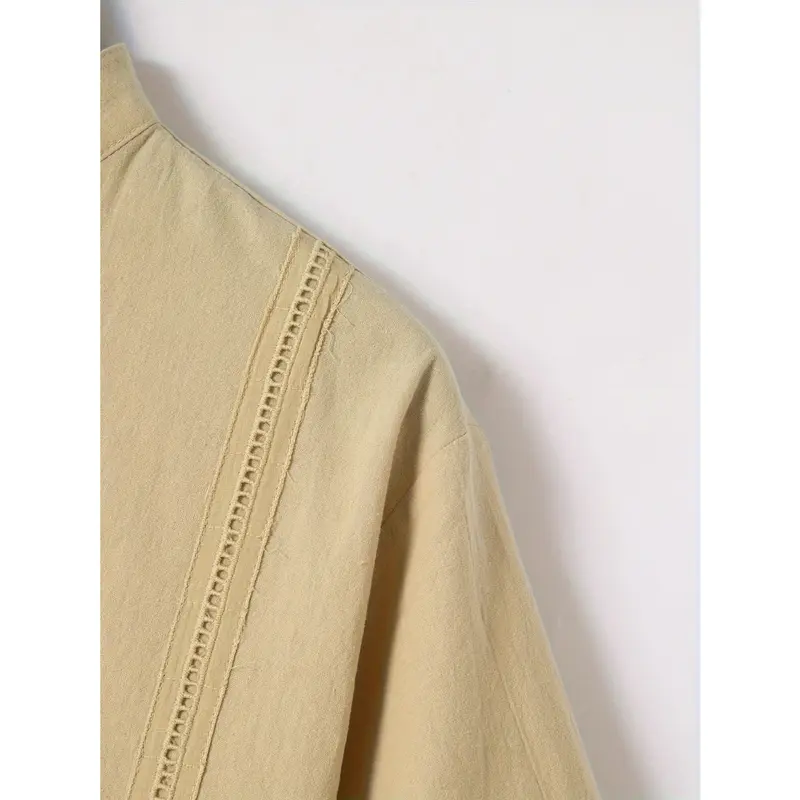 Men's Solid Ethnic Style Band Collar Jacket For Spring Summer, Stylish Casual Cotton Shirt For Males 5