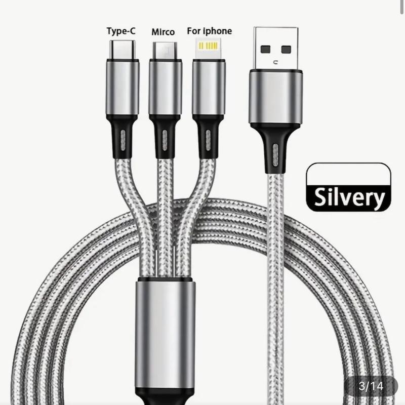 3 in 1 Charging Cable Pack of 3 for Mobile and Electronic Devices - Silver, Fast Charging, 1.2m Length - Cellphone, Smartphone Charger 1
