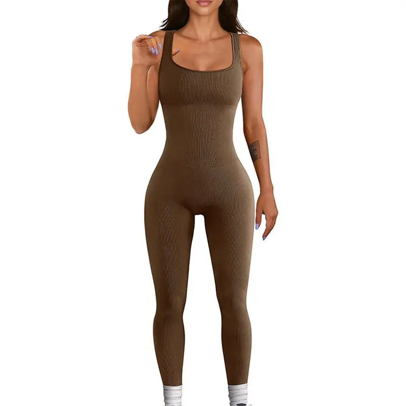 【50 %off】Women Yoga Jumpsuits Summer Sleeveless Ribbed Knit Square Neck Body con Slim Fit Pants Solid Color Workout Sports Outfits 2