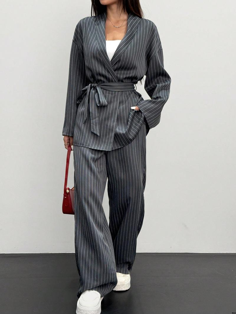 Product Introduction of Suit Commuting Fashion Office Gray , Suit Jacket Suit Kimono Casual Elegant Wrap Striped Women's Set 2 Essnce tiktok 0