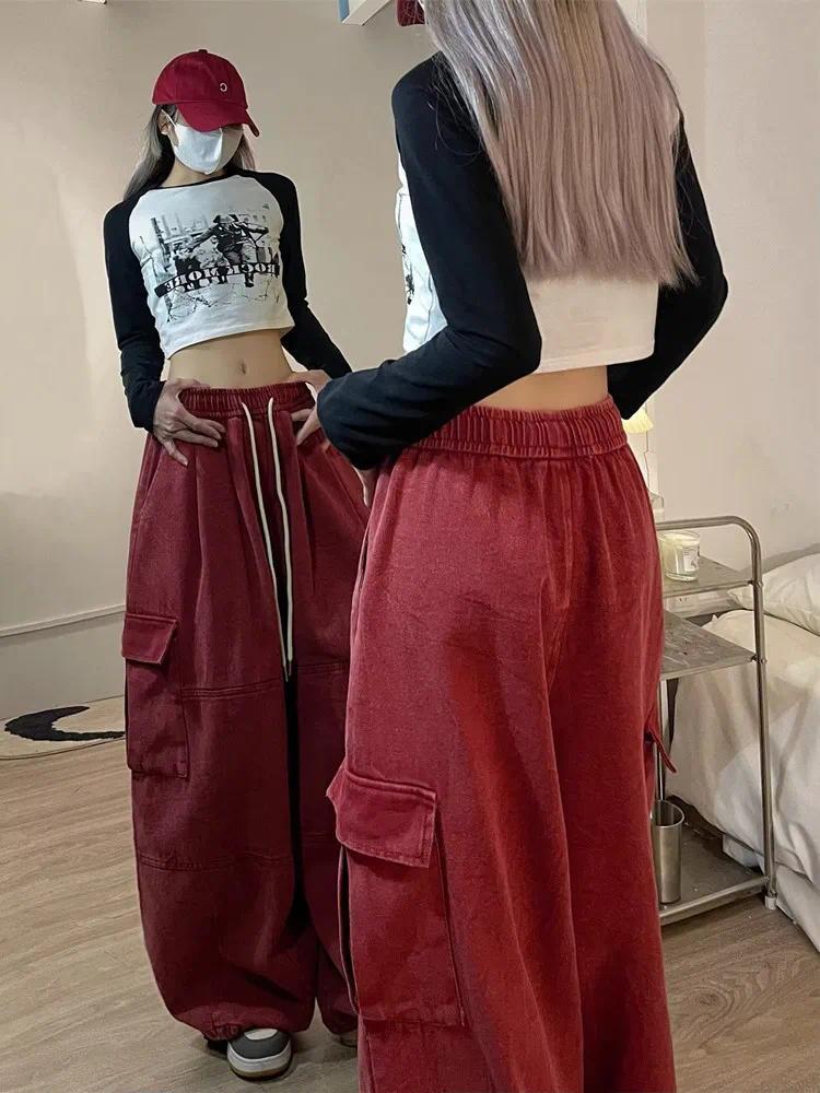 Product Introduction of 2024 Korean Y2K Fashion Drawstring Casual Baggy Cargo Jeans Pants Women Clothing Straight Wide Leg Sweatpants Female Trousers 15