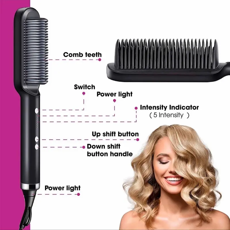 Hair Straightener Comb with Fast Heating Ceramic PTC & Adjustable Temperature Setting for Styling Comfort - Heatless, Haircare Brush 3