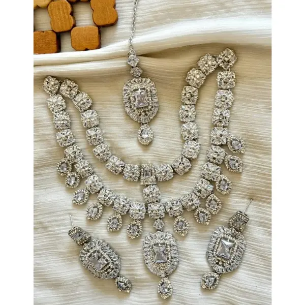 Zircon  Double Layer NeckLace Set Earings Maang Teeka 2
