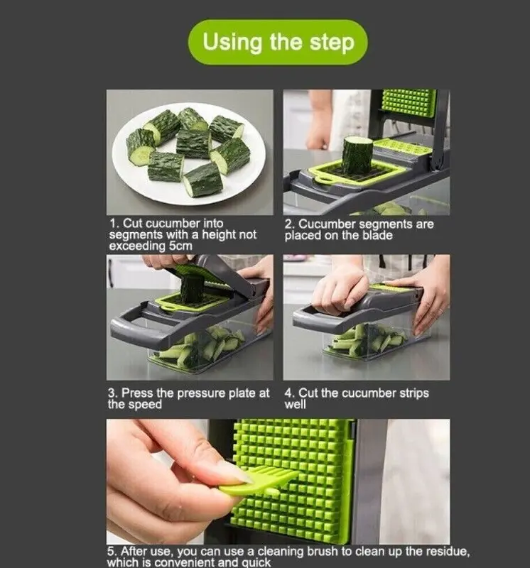 16 in 1 Vegetable Salad Fruit Mandolin Slicer Food Dicer Cutter Peeler set Kitchen utensils  Blade Stainless Steel BPA free Detachable Knives Lid vegetable slicer Silicone green veg table chopper 4