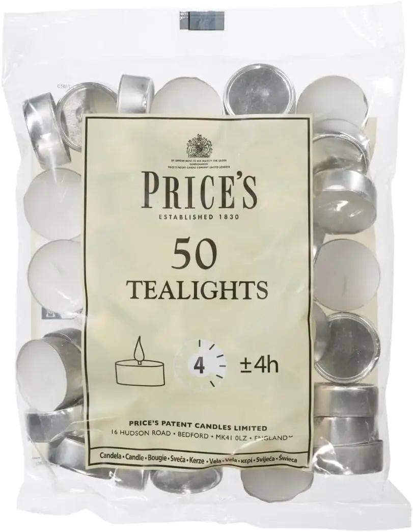 Pack of 50 White Tealights, 3.8cm x 1.8cm, Unscented, Energy Class A - Decor, Ornaments Candle Freshener Decoration