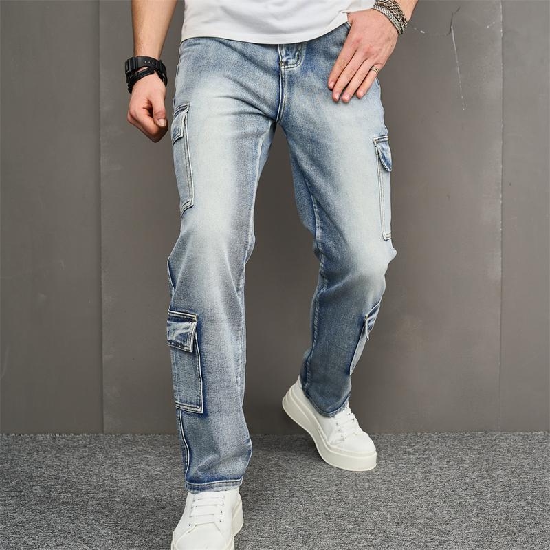 Product Introduction of Men Multiple pockets Cargo Jeans Stylish Streetwear Male Loose Carpenter Straight Casual Denim Pants 4
