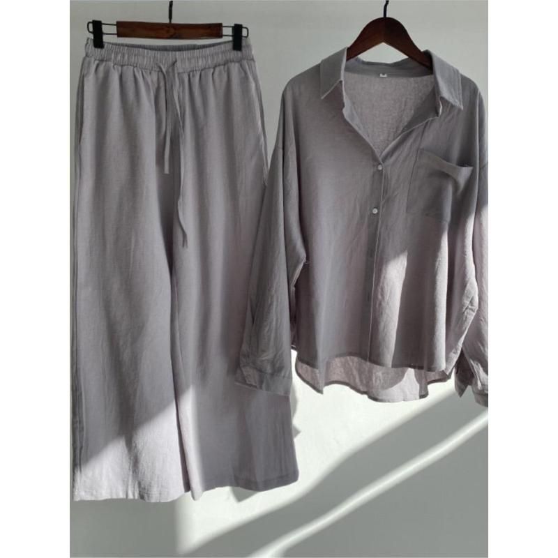 Autumn Women's Clothing 2025 New Fashionable Retro Cotton Linen Shirt High Waist Loose Long Sleeved Lace Up Pants Two-piece Set 3