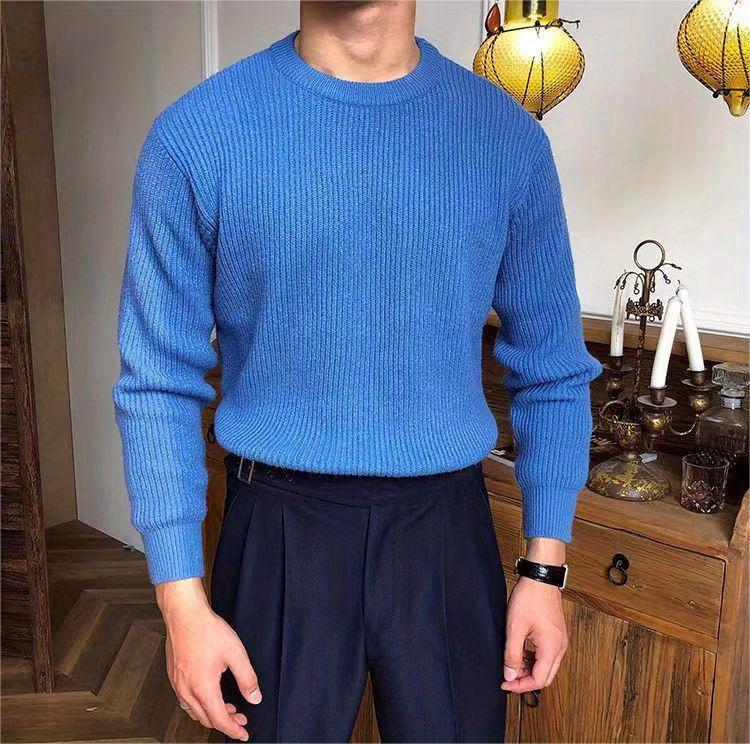 Product Introduction of Warm Texture Knitted Sweater, Men's Casual Solid Color Slightly Stretch Round Neck Pullover Sweater For Fall Winter 1