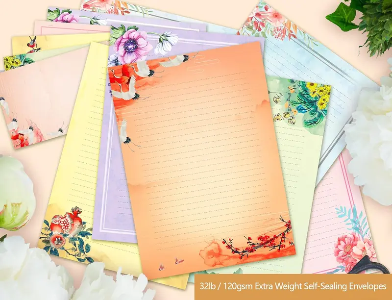 A4 Floral Stationery Paper and Envelopes Set, 48 Pieces Letter Writing Paper with 24 pc Self-Sealing Envelopes, 100gsm 2