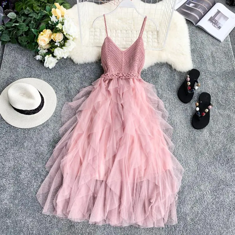 Sleeveless Sling Gauze Tulle Dress Women Knit V-neck Sexy Backless Long Dresses Sweet Mesh Pink Party Dress Cute Outfits