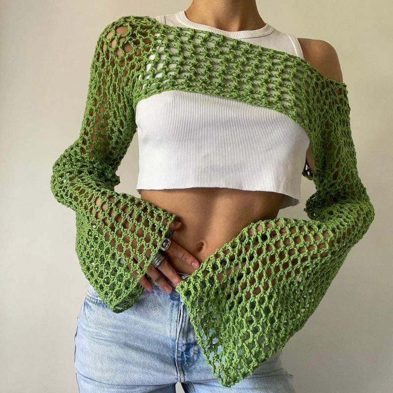 Product Introduction of Women Big Fishnet Long Sleeve Cropped Sweaters Summer Fashion Lady O-Neck Flare Sleeve Hollow Out Short Knitted Pullovers Knitwear Womenswear 3