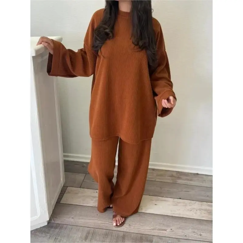 Autumn Winter Solid Color Corduroy Pants Sets Women Loose Long Sleeve Wide Legs Trousers Two Piece Set Female Commuting Clothing Womenswear Overalls Suits Underwear Gamis Comfort 5