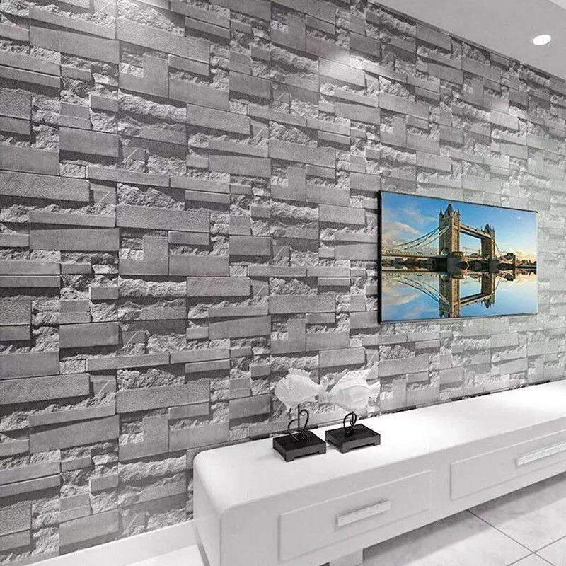 3D Effect Grey Brick Wallpaper Wall Shimmer Tones Effect Faux Metallic Feature 6