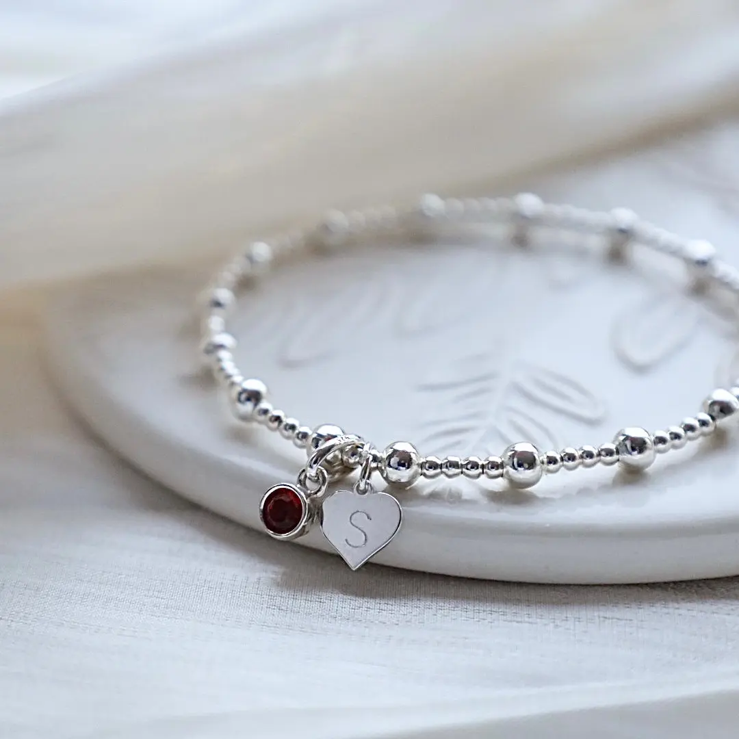 Birthstone Charm Bracelet with heart initial. 925 Sterling Silver.