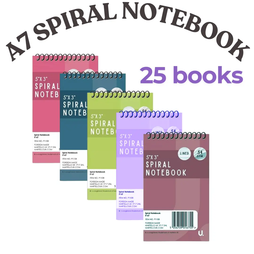 A7 Spiral Multi-coloured Neon Ruled Notebook - Ideal for Notes, 25 Note Pads