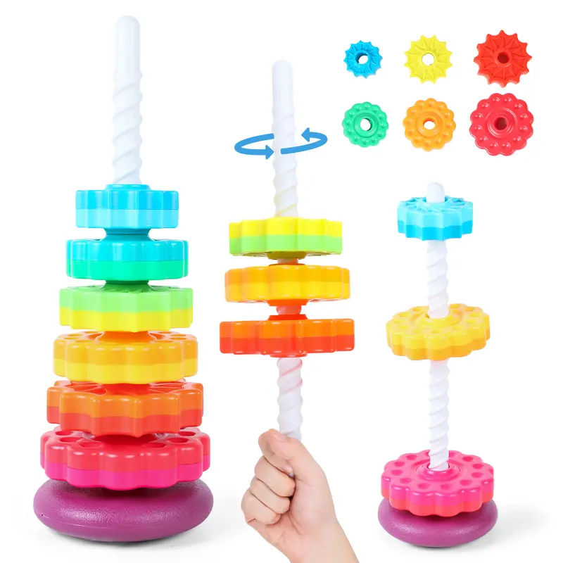 deAO Rainbow Stacking Tower Toy – Colorful Spiral Gear Stacking Game for Toddlers – Interactive Rotating Tower for Early Learning, Hand-Eye Coordination & Motor Skills Development – Safe & Durable Baby Toy 1
