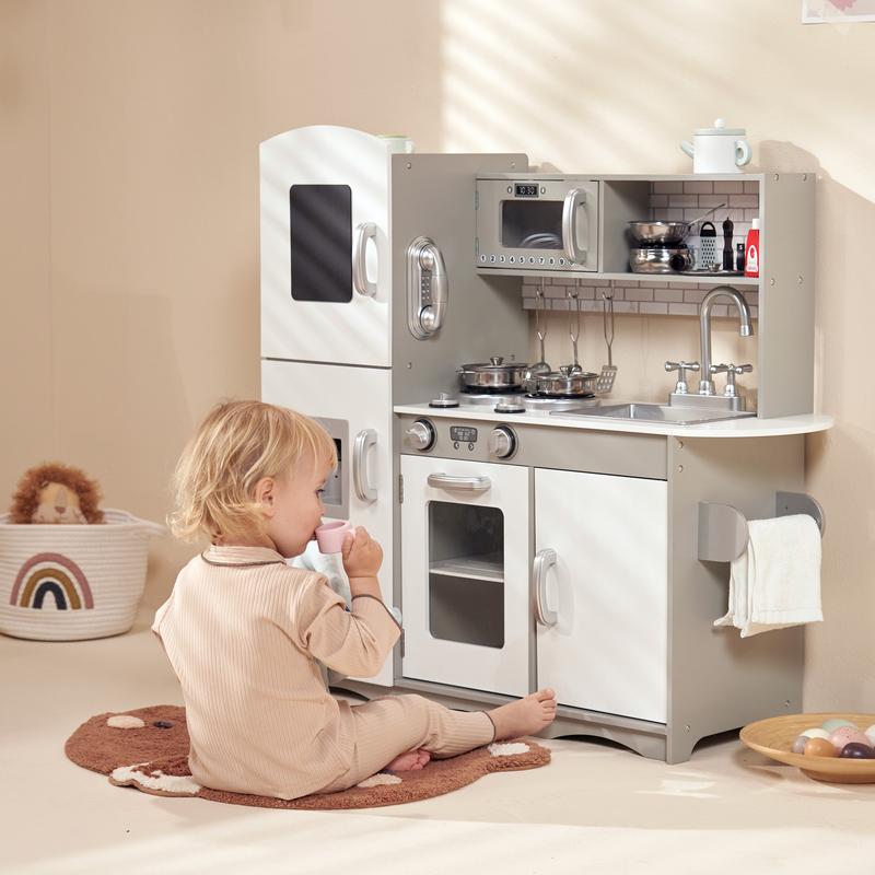 Kidoz Grey Wooden Play Kitchen Toy Set Kids Pretend Toy Kitchen with 10 Utensils and Accessories 4