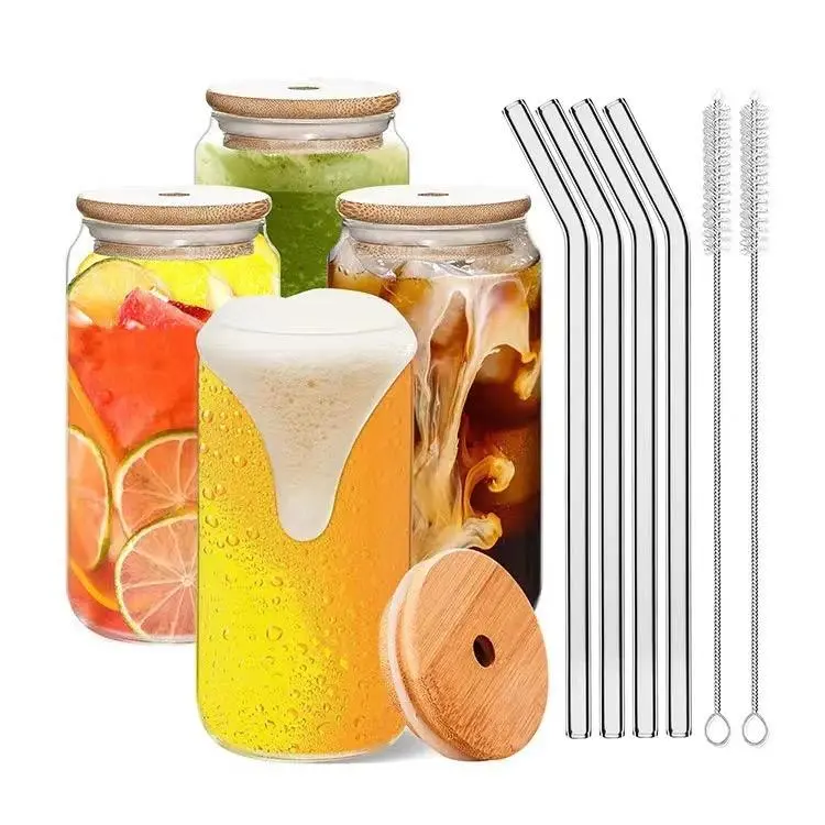 4-Pack Bamboo Lid Drinking High borosilicate Glasses with Glass Straws, 500ml Can-Shaped Cups for Smoothies, Cocktails and Milkshakes - Drinkware Set Stylish Drinking Glasses