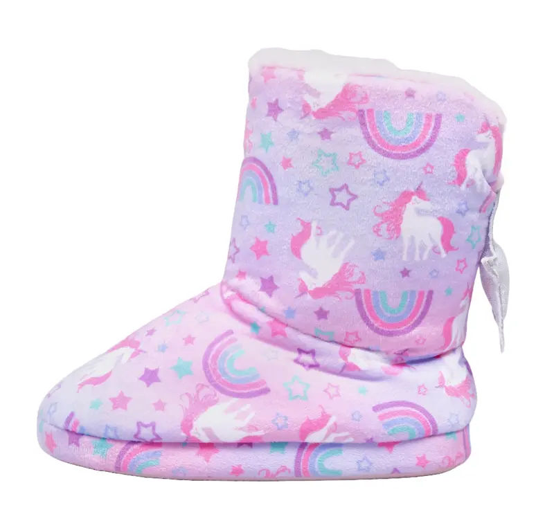 GIRLS UNICORN PINK FAUX FUR WARM PULL ON BOOTIE SLIPPERS HARD SOLE UK SIZE 8-2 1