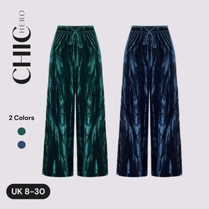 ChicHero Elasticated Velvet Wide-leg Elegant & Comfort Trousers Casual Fabric Pants Soft Womenswear Bottom Emerald Everyday