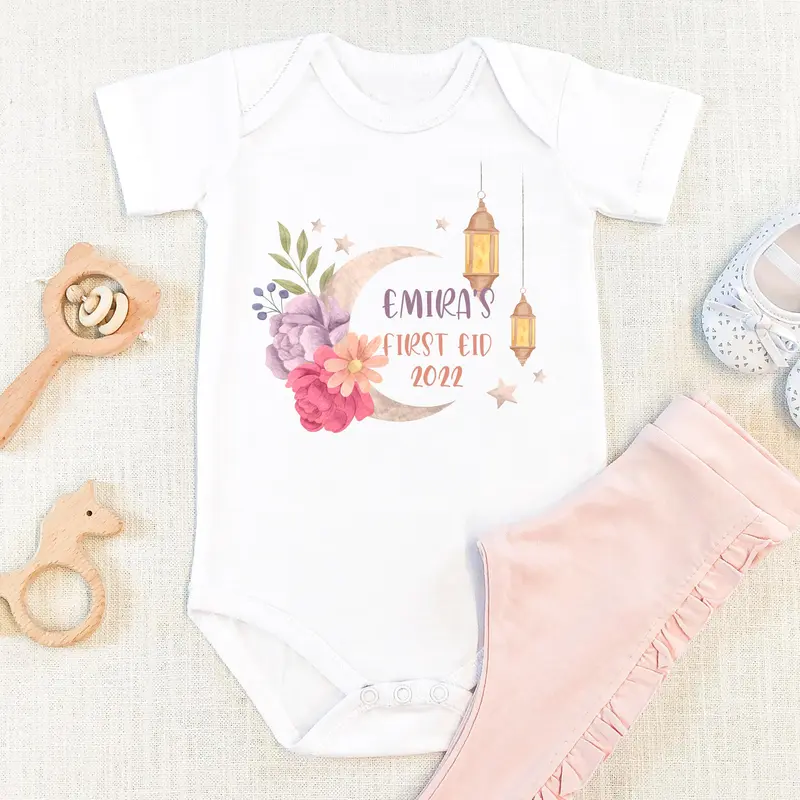 Personalised Baby Grow Vest, First Eid Ramadan 2025, My 1st Ramadan Outfit, Girls Pink Flower Lanterns, New Baby Eid Gift, Eid Mubarak 1