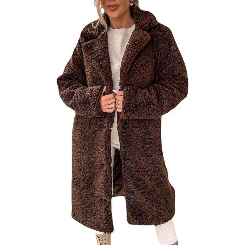 Trendy Women Overcoat Autumn Winter Women Trench Coat Long Style Pure Color Single-breasted Teddy Jacket  Windproof 4