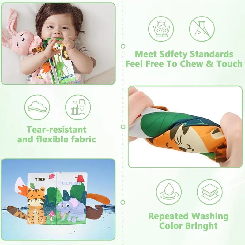 Baby Book Cloth Book Toys Jungle Tails Sensory Book Soft Fabric Crinkle Book Pram Book Early Development Interactive Newborn Gifts for 0 3 6 12 Months Boys Girls 2