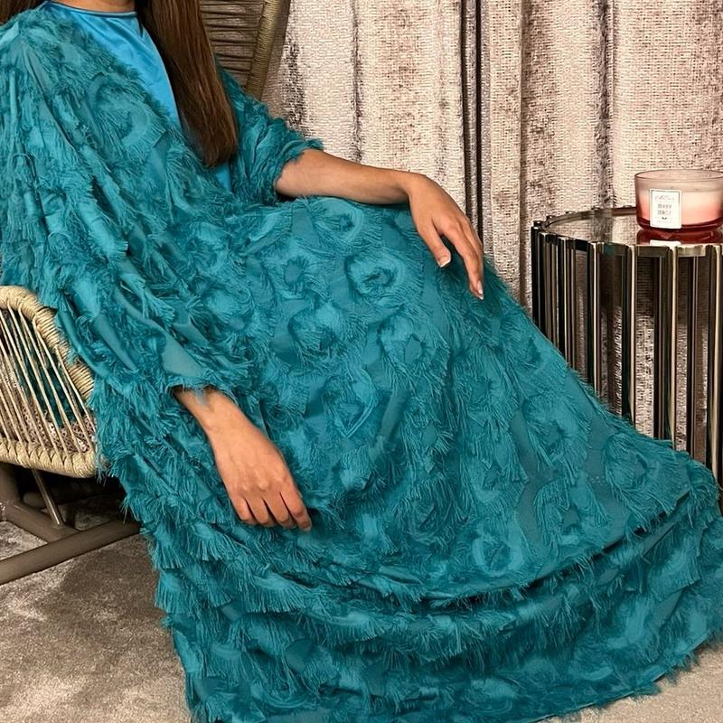 3 Peice Feather Ruffled Open Abaya in Elegant Design 1