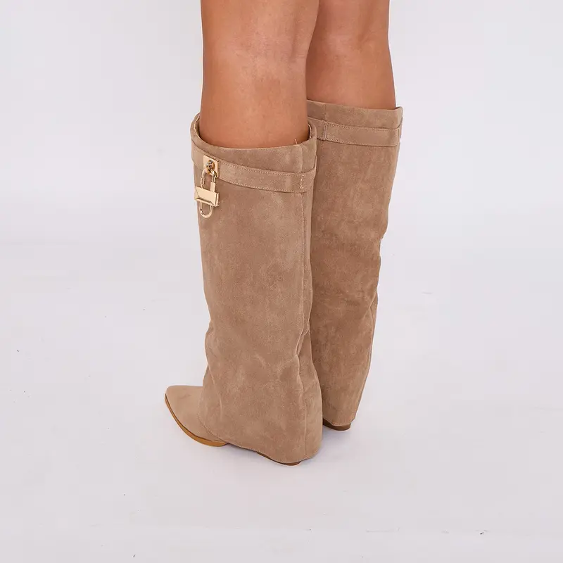Women Suede Calf Boot Long Stretch Elastic Gusset Strap Warm Winter Boots Shoes Girl Footwear 3