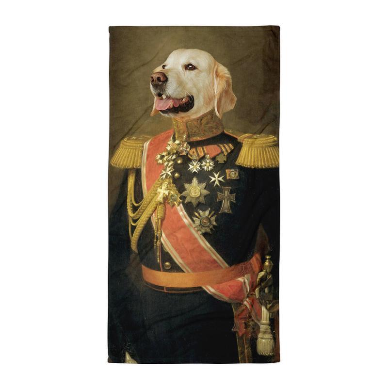 Funny Old Style Portrait Of Golden Retriever in Military Uniform - Beach Towel 2