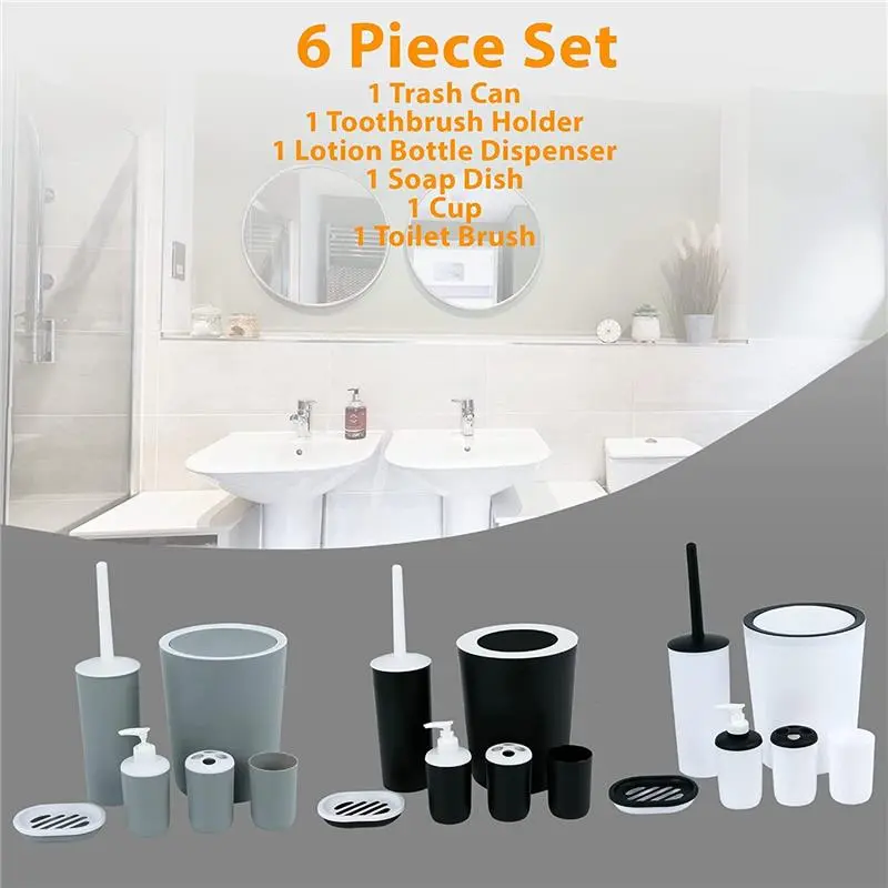 6PCS BATHROOM ACCESSORIES SET BIN SOAP DISPENSER TOOTHBRUSH TUMBLER TOILET BRUSH 4